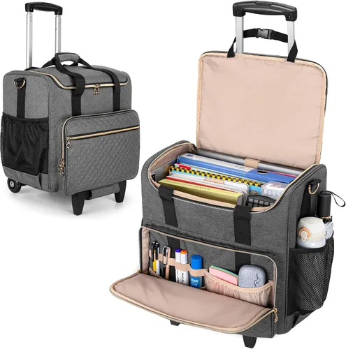 Miniatura 9 de LUXJA Bolsa rodante para profesores con compartimento para laptop y dolly desmontable, bolsa de mano rodante multifuncional para profesores