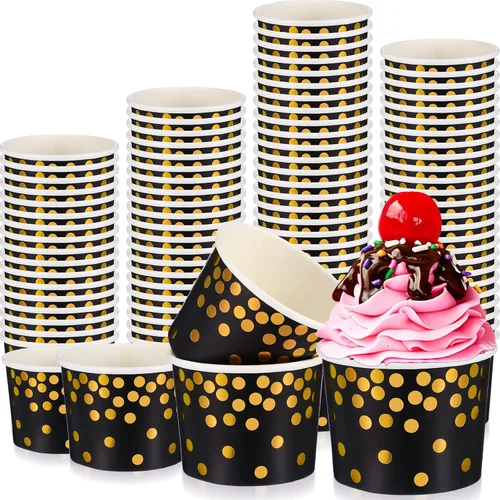 CHENGU 100 tazas de papel para helado a granel de 8 onzas, desechables en negro y dorado, cuencos de postre para aperitivos, yogur, alimentos