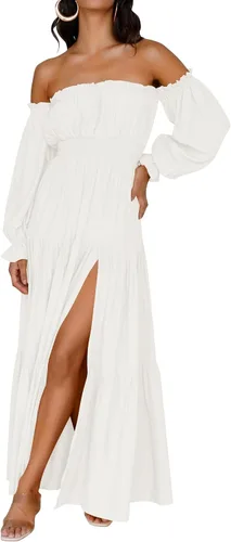 ZESICA - Vestido largo, bohemio y sexy, con hombros descubiertos y manga larga fruncida, con elástico fruncido, cintura alta y abertura lateral,