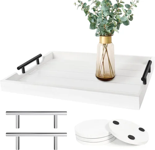 Miniatura 14 de SXNOWS Bandejas de mesa auxiliar, bandeja otomana grande para sala de estar, bandeja de madera para servir con 2 juegos de asas, bandeja de madera