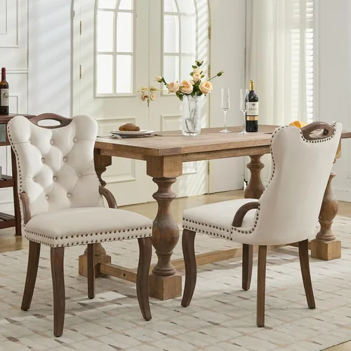 Miniatura 2 de Shenyon Sillas de Comedor Juego de 2 sillas de comedor de terciopelo beige, modernas sillas de comedor tapizadas con respaldo copetudo y asas