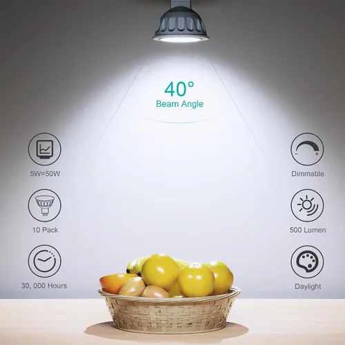 Miniatura 2 de Paquete de 10 bombillas LED MR16 regulables, 5 W, 5000 K, luz diurna 500 lm (equivalente a 50 W) AC/DC 12V GU5.3 base bi-pin ángulo de haz de 40°