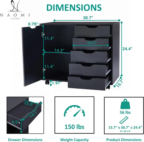 Miniatura 2 de Naomi Home Archivador de oficina con ruedas para debajo del escritorio, con 5 cajones y gabinete de almacenamiento lateral, organizador móvil
