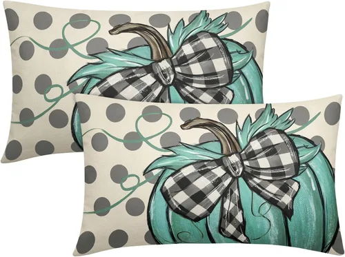 Juego de 2 fundas de almohada lumbares de calabaza con lunares otoñales de 12 x 20 pulgadas, cosecha de otoño, Acción de Gracias, color verde,
