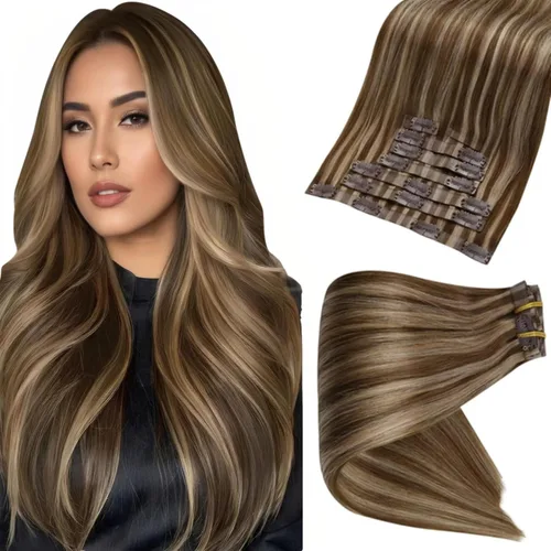 Miniatura 68 de Full Shine Extensiones de cabello humano con pinzas, cabello humano Remy invisible para mujer, color rubio platino, 20 pulgadas, 8 unidades, 4.23 oz