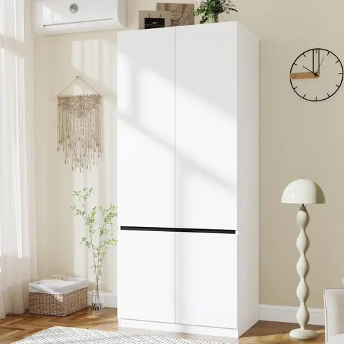 Armario blanco Armario: Armario de madera de 74 pulgadas con 2 puertas, Armarios de dormitorio con barra para colgar, armario alto para colgar ropa