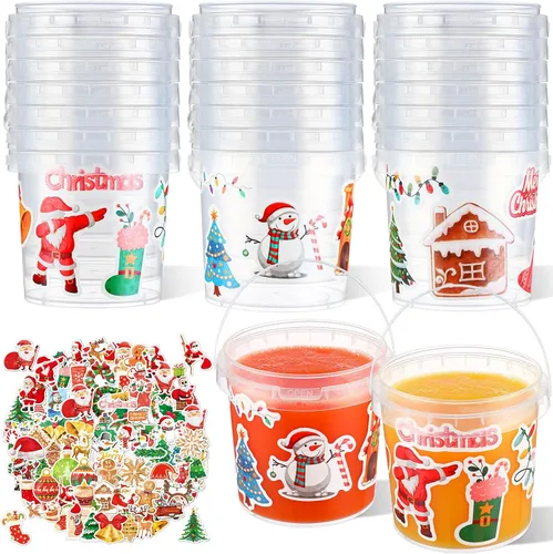 Miniatura 17 de PerKoop 20 cubos de helado de 32 onzas con tapas y asas, cubos transparentes de ron de cóctel con calcomanías, tina transparente de plástico