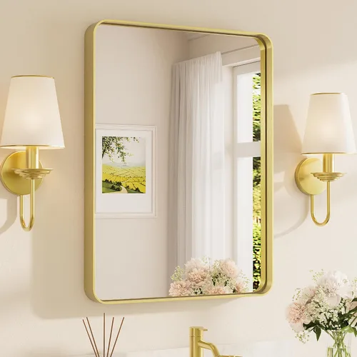 Miniatura 109 de TETOTE Espejo de marco dorado cepillado de 16 x 24 pulgadas, espejo de tocador de baño de latón dorado para pared, espejo enmarcado rectangular