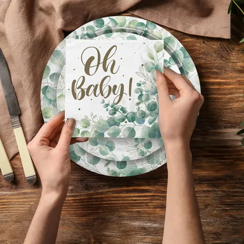 Miniatura 8 de Sage Greenery - Suministros de fiesta de baby shower, platos de papel desechables, servilletas, tazas y mantel para decoraciones de fiesta bohemia