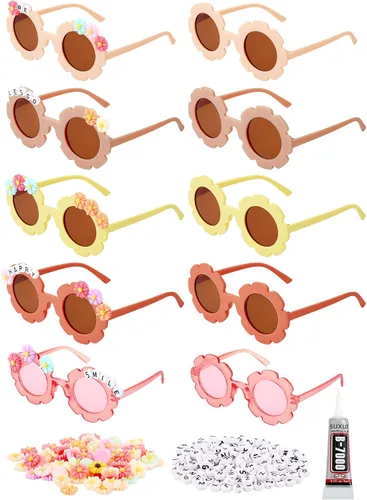 Miniatura 13 de Dunzy 10 pares de lentes de sol redondos de flores para niños, gafas de bricolaje para exteriores, con 50 margaritas, 100 cuentas de letras al azar