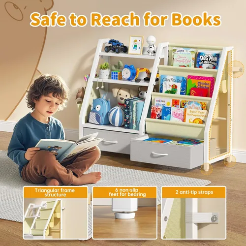 Miniatura 3 de Estantería para niños y organizador de juguetes Twinkoo, estante resistente de 3 niveles, estantería con bandeja y 2 contenedores de juguetes, Gris