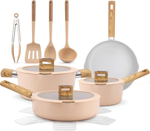 Miniatura 10 de NutriChef Juego de utensilios de cocina de cerámica antiadherente de 14 piezas, ollas y sartenes seguras para inducción con tapas de vidrio, asas