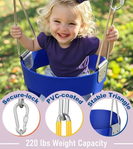 Miniatura 3 de Columpio de respaldo alto con cadenas recubiertas y protección triangular para mayor seguridad, columpio para bebé al aire libre con hebillas de Azul