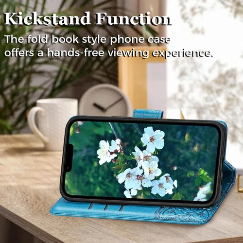 Miniatura 3 de Funda tipo cartera para iPhone 13 para mujeres, diseño plegable tipo folio con mariposa en relieve, cuero PU con soporte, ranuras para tarjetas