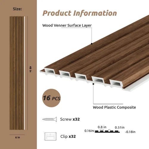 Miniatura 3 de Paneles de pared WPC, paquete de 16 paneles de pared 3D de 48 × 6 pulgadas para decoración de pared interior, paneles de pared de acento moderno