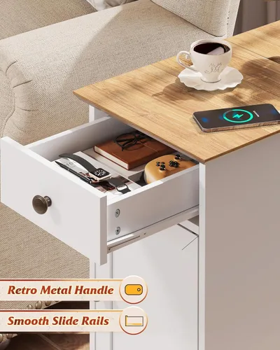 Miniatura 4 de WLIVE Mesa auxiliar con estación de carga, mesa estrecha con cajón y gabinete, mesa auxiliar con estante ajustable para sala de estar/dormitorio