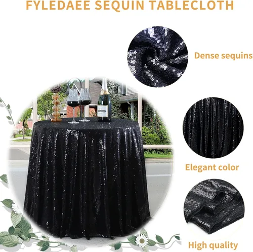 Miniatura 2 de Manteles redondos de lentejuelas negros para fiestas, de 121,9 cm, mantel redondo de purpurina ajustado, pequeño, lindo y dulce, para boda