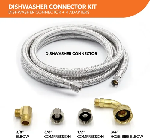 Miniatura 2 de Kit de instalación universal para lavavajillas, compresión de 3/8 pulgadas, manguera de acero inoxidable trenzada de 5 pies de largo + codo