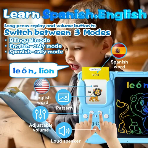 Miniatura 2 de Tarjetas flash hablantes en inglés y español, tableta de escritura LCD de 8 pulgadas para niños de 3 a 12 años, 510 palabras visuales bilingües