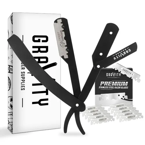 Miniatura 15 de Kit de cuchilla de afeitar recta profesional GRAVITY RAZORS – Ultra Exposición, incluye 10 cuchillas premium, 2mm expuestas, color oro y negro Dorado