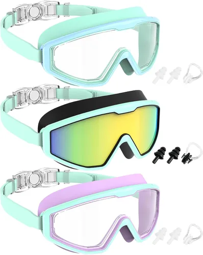 Miniatura 10 de NSSIW Gafas de natación para niños, antiniebla, sin fugas, con clip para la nariz, tapones para los oídos para niñas, niños y jóvenes, 6-14, paquete
