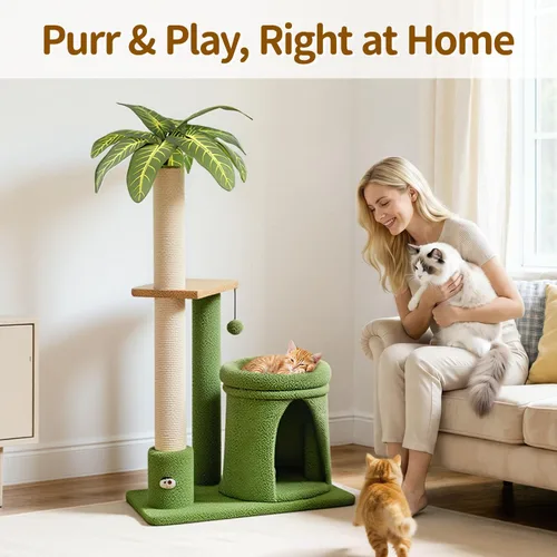 Miniatura 7 de Soporte de poste para rascar en torre de árbol de gato para interiores, 41 pulgadas compacto de palmera con cama acogedora para gatos pequeños