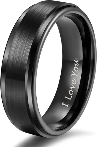 TRUMIUM - Anillo de boda de carburo de tungsteno de 1564 y 516 de pulgada, para hombres y mujeres, con borde escalonado, grabado en inglés I Love