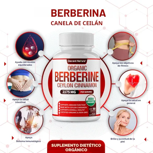 Miniatura 2 de Berberina orgánica con canela de Ceilán 2175 mg – Suplemento de berberina premium extracto de alta pureza USDA Organic, apoyo al sistema