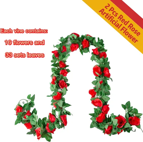 Miniatura 2 de Guirnalda de flores artificiales, 2 unidades de 15 pies (7.5 pies x 2 piezas) de seda roja, flores falsas de vid falsa para colgar hiedra, hogar