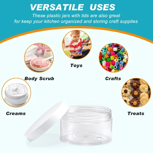 Miniatura 7 de Dandat 24 piezas 8 oz tarro de plástico con tapa y etiqueta recargable, contenedor redondo transparente vacío con muestras cosméticas PET blancas