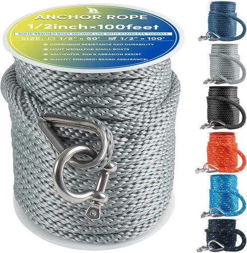 Miniatura 9 de Cuerda de anclaje premium de 100 pies x 3/8 pulgadas, cuerda marina de línea de anclaje MFP trenzada sólida con dedal y grillete, color negro