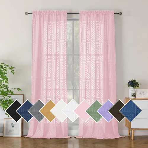 Miniatura 65 de Simplebrand Cortinas traslúcidas negras de cocina de 24 pulgadas de largo, 2 paneles, filtrado de luz, geométrico jacquard con textura, cortinas