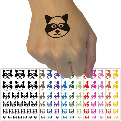 Racoon Face Doodle - Tatuaje temporal resistente al agua, colección de arte corporal falso, color negro (una hoja)