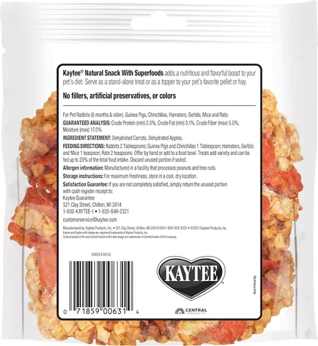 Miniatura 6 de Kaytee Snack natural con superalimentos para conejillos de indias, conejos, hámsteres y otros animales pequeños, manzana y zanahoria, 2.5 onzas