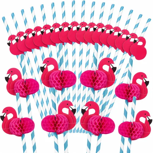 HANSGO 50 popotes de flamenco, pajitas de papel de flamenco para decoración de mesa de Luau tropical, suministros de fiesta de piscina, decoración