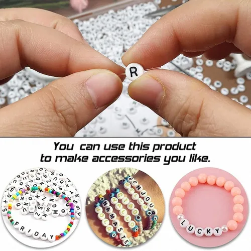 Miniatura 3 de 100 cuentas de letras acrílicas del alfabeto para hacer joyas, cuentas redondas blancas de la letra R para hacer pulseras, collares, llaveros, 0Flat