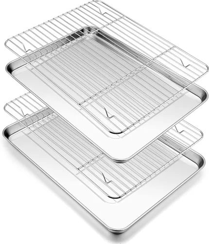 Miniatura 10 de P&P CHEF Sartenes para horno tostador de 9 pulgadas con estantes, 4 piezas de bandeja de horno de acero inoxidable para hornear y estante