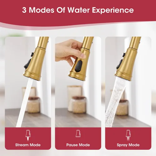 Miniatura 5 de Grifo de cocina con rociador extraíble, grifo de fregadero de cocina de latón vintage dorado de arco alto con placa de cubierta de 1 o 3 agujeros