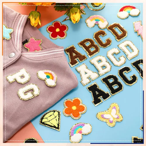 Miniatura 4 de 120 parches de letras de chenilla, parches para planchar, las calcomanías bordadas incluyen 78 parches de letras, 42 estrellas y corazón de flores