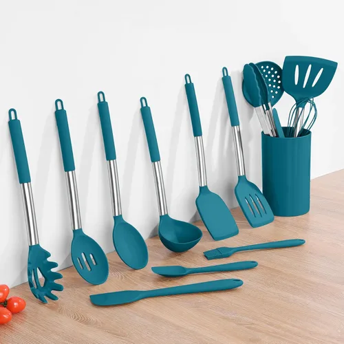Miniatura 9 de Onader - Juego de utensilios de cocina de 15 piezas con soporte, espátula de silicona resistente al calor con mango de acero inoxidable, color azul