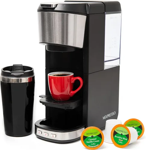 Mixpresso Cafetera de una sola porción para café molido y compatible con cápsulas K Cup, con taza de viaje de 14 onzas y filtro reutilizable para el