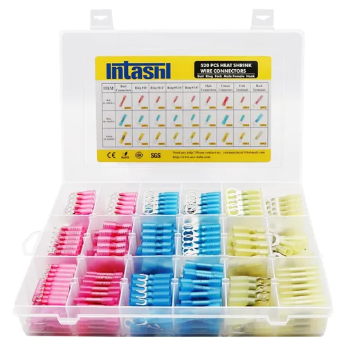 Kit de 520 conectores de cable termorretráctil - Terminales eléctricos de crimpado impermeables con empalmes aislados de tope, anillo, horquilla y