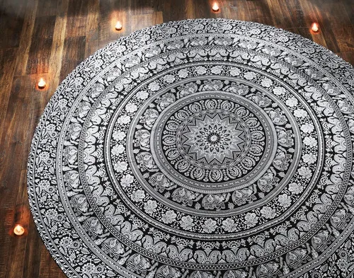 raajsee Alfombra redonda de playa, hippie/bohemio, mandala, manta de playa, algodón indio, tapiz, mantel redondo/Decoración para el hogar/Alfombra