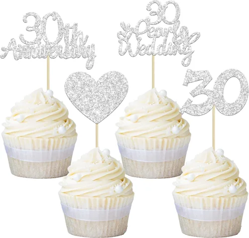 Miniatura 10 de Gyufise 24 adornos plateados para cupcakes de 25 aniversario, boda, aniversario de 25 años, decoración de pastel de corazón para 25 decoraciones