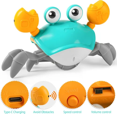 Miniatura 5 de Juguete para bebé de cangrejo gateante, juguete para tiempo boca abajo para bebés de 3, 6, 9, 12, 18, 24 meses, cangrejo sensorial interactivo