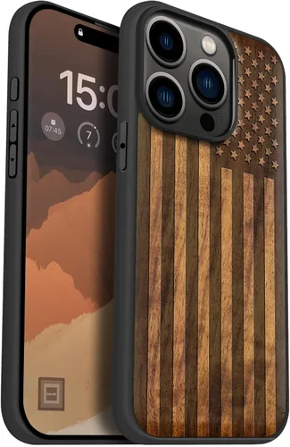 Miniatura 12 de Carveit Funda magnética de madera para iPhone 15 Pro, compatible con cargadores inalámbricos MagSafe, funda de TPU suave negro a prueba de golpes