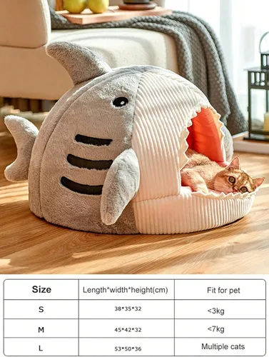 Miniatura 5 de QWINEE Alfombrilla para Gatos en Forma de Tiburón Caseta Cama para Gatitos Refugio Casa Cálida Suave Cómoda Semi-Cerrada Nido para Gatos y Perros