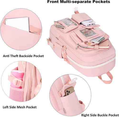 Miniatura 4 de Mochila para niñas con accesorios, mochila para laptop y libros de 16 pulgadas, bolsa escolar kawaii, mochila para universidad, viaje y día a día