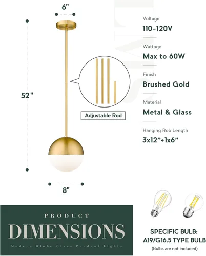 Miniatura 4 de LMS Iluminación colgante moderna con globo dorado, lámpara colgante de mediados de siglo, lámpara colgante de una lámpara para isla de cocina