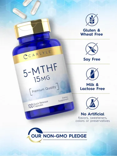 Miniatura 5 de Carlyle Suplemento 5-MTHF 15mg 100 cápsulas L-metilfolato Sin OMG, sin gluten Calidad premium